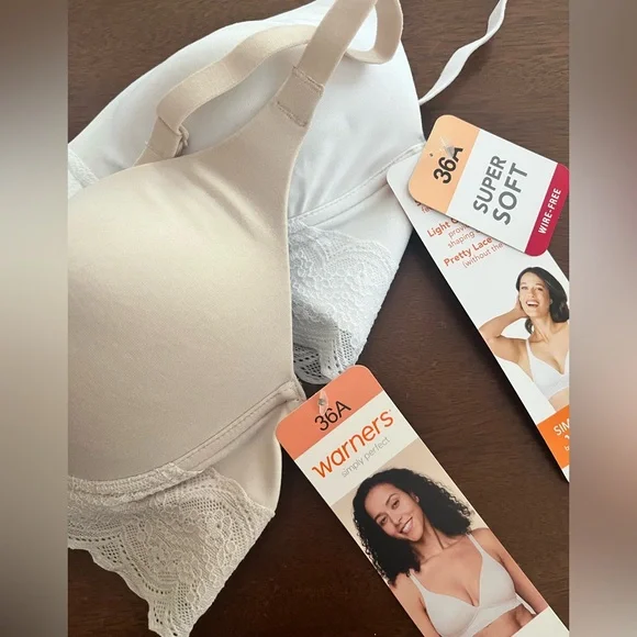 Warner's Lace-Trim Wireless Bra - White & Nude NWT - Picture 2 of 5